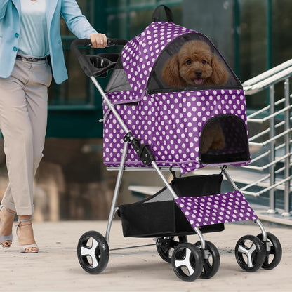 Magshion Foldable Pet Stroller, 3-in-1 Dog Travel Jogger with Detachable Carrier, Cup Holder, Storage Basket, Folding Carrier for Small/Medium Dogs & Cats Up to 33 lbs, Purple Polka Dots
