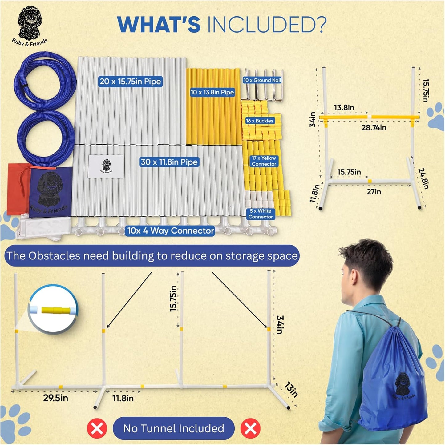 Ruby & Friends Dog Agility Equipment: Create 6 Sturdy Obstacle Courses with Our Dog Agility Course Backyard Set, Including Weave Poles, Ring Jumps and Hurdles with This Obstacle Course for Dogs