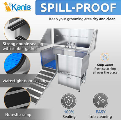 KANIS Professional Dog Washing Station - 304 Stainless Steel Pet Wash Sink & Grooming Bath Tub for Home with Ramp, Shower, Floor Grate, Storage Drawer, Faucet, Drain Kit for Large, Medium & Small Pets