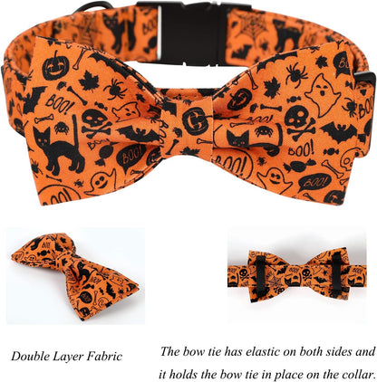 Lionet Paws Halloween Dog Collar with Bowtie - Cute Cotton Adjustable Fall Bowtie Dog Collar with Metal Buckle for Small Medium Large Dog Girl Boy Gift, M, Neck 13.5-22in