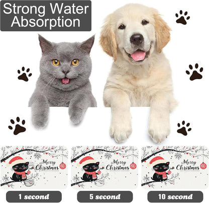 Christmas Black Cat Pet Feeding Mat-Quick Dry Absorbent Dog Cat Food Mat, Anti-Slip Water Bowl Mats for Messy Eaters-No Stains Indoor Pet Accessories 12"x20"