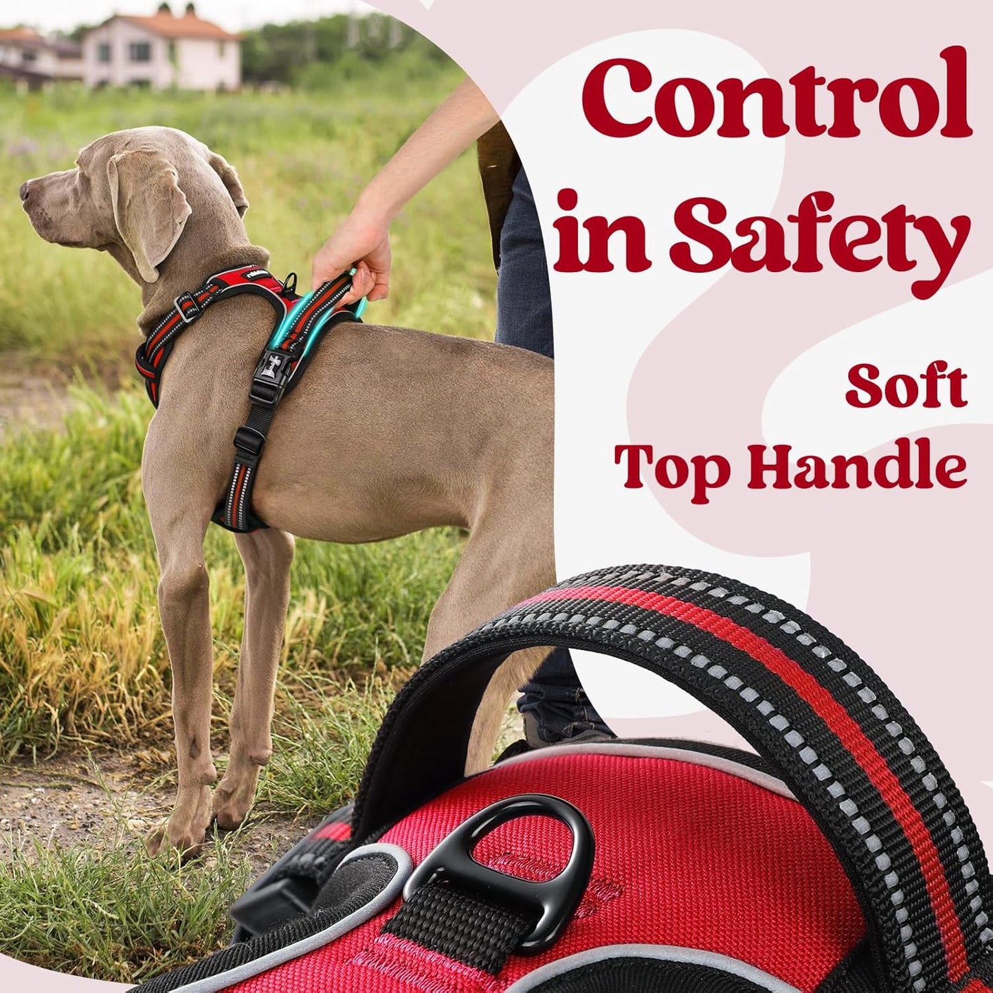 rabbitgoo Dog Harness Medium Sized, No Pull Pet Harness with 3 Buckles, Adjustable Soft Padded Vest with Control Handle, Walking Reflective Pet Vest for Medium Dogs, Red, M