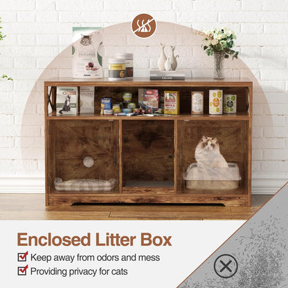 Cat Litter Box Enclosure for 2 Cats, 47" Double Hidden Litter Box Furniture with Scratch Pad, Farmhouse Indoor Litter Box Cabinet Cat Washroom, Rustic Brown