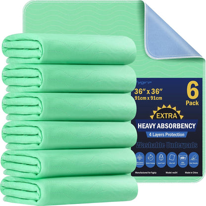 6 Pack 36” x 36” Extra Heavy Absorbency Washable Underpads, Waterproof Quick Drying Nursing Pads Incontinence Bed Pads, Reusable Washable Pee Pads for Dogs, Diaper Changing & Adults