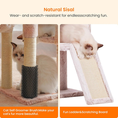 Heybly Cat Tree with Cat Self Groomer Brush, Cat Tower Condo for Indoor Cats with Padded Plush Perch, Cat House with Basket Scratching Board Post, Muchroom HCT005SMU