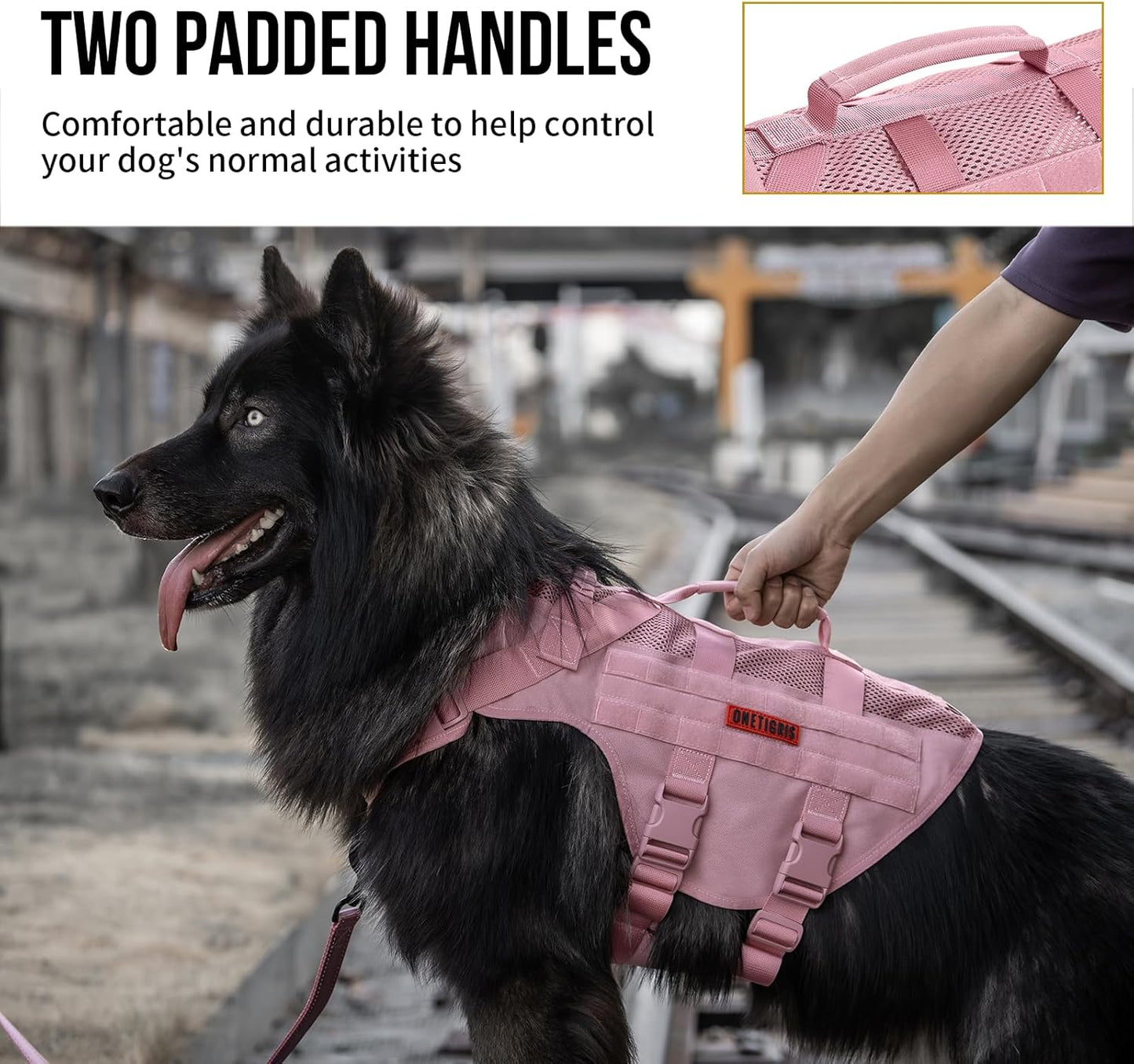 OneTigris Tactical Dog Harness for Small Dog, No Pull Small Dog Vest Harness with Handles Breathable Military Molle Vests for Walking Hiking Training (Pink, Large)