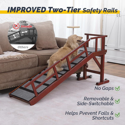 Dog Ramp for Bed or Couch, Wooden Pet Ramp with 20° Gentle Slope, Removable Side Rails, Non-Slip Surface, Top Platform & Wheels, Safe Bed Ramp for Small, Medium & Senior Dogs, 60" Long, Mahogany