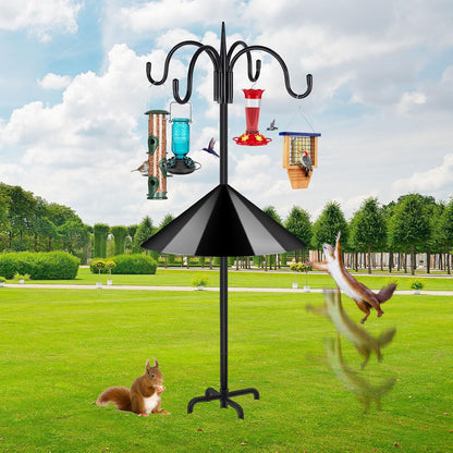 FEED GARDEN 92 Inch Adjustable Shepherd Four Hooks with Squirrel Baffle Heavy Duty Garden Hooks 5-Prong Base Bird Feeder Pole for Hanging Plant Baskets Solar Lights Lanterns
