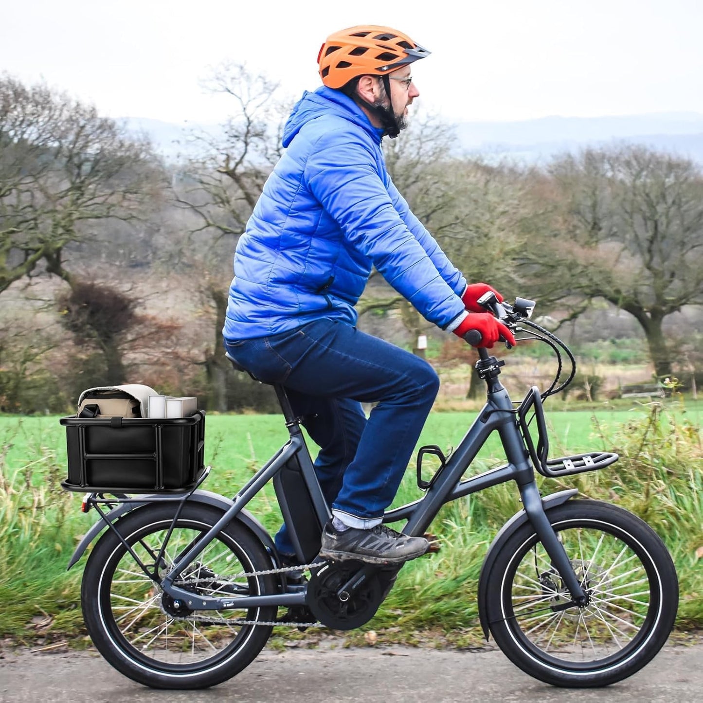 Bike Basket Rear with Liner,Waterproof Cover,Cargo Net Large Rear Bike Basket,Heavy Duty Bicycle Rear Basket for Electric Bike, Ebike,Great for Bike Trip,Carrying Grocery,Ball,Dog