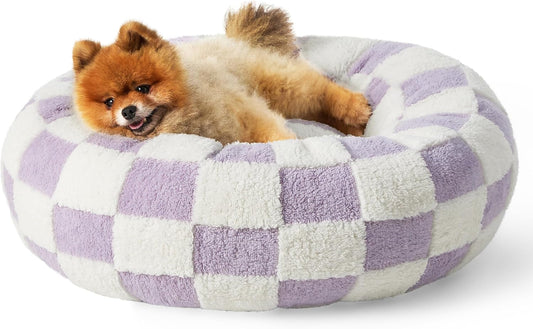 LE SURE Donut Small Dog Bed - Round Cat Beds for Indoor Cats Calming Pet Beds, Cute Modern Beds with Jacquard Shaggy Plush & Anti Slip Bottom, 23 Inch, Purple