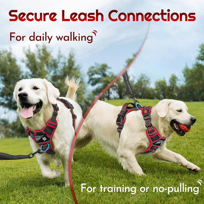 Eagloo Dog Harness for Large Dogs, Easy Wearing with 3 Buckles, Adjustable No Pull Pet Harness with 2 Rings for Walking, No Chock Reflective Soft Padded Vest with Control Handle, Black & Red, XL