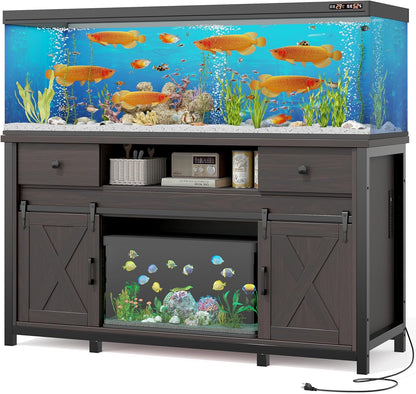 Miereirl 75-120 Gallon Fish Tank Stand with Power Outlet – Heavy Duty Aquarium Stand, Rustic Farmhouse Style, 1000 lb Capacity, Adjustable Storage & Sliding Barn Doors, Dark Brown