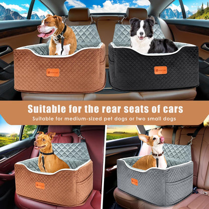 Memory Foam Booster Dog Car Seat for Medium Dogs (Under 45LBS): Elevated, Detachable Washable, Anti-Slip, for Car Back Seat, Travel Pet Bed with Seat Belt