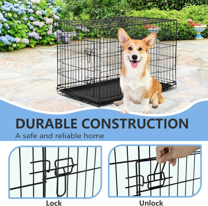 FDW 30 inch Dog Crate Dog Kennel Cage with Double Door Folding Metal Wire Dog Cage with Removable Tray&Divider Panel,Pet Crate for Medium Dogs,Black