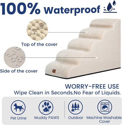 GoGoBunny Ramp Dog Stairs for High Beds 22.6" H, 5-Step Dog Slope Stairs with Durable Waterproof Fabric Cover, Pet Steps for Old Large Dogs Climbing, Non-Slip Sturdy Indoor Step, Beige