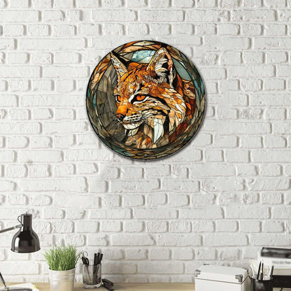 Lygond Metal Sign Tin Sign Circular Stained Glass Bobcat Funny Outdoor Decor for Club 8×8 Inches