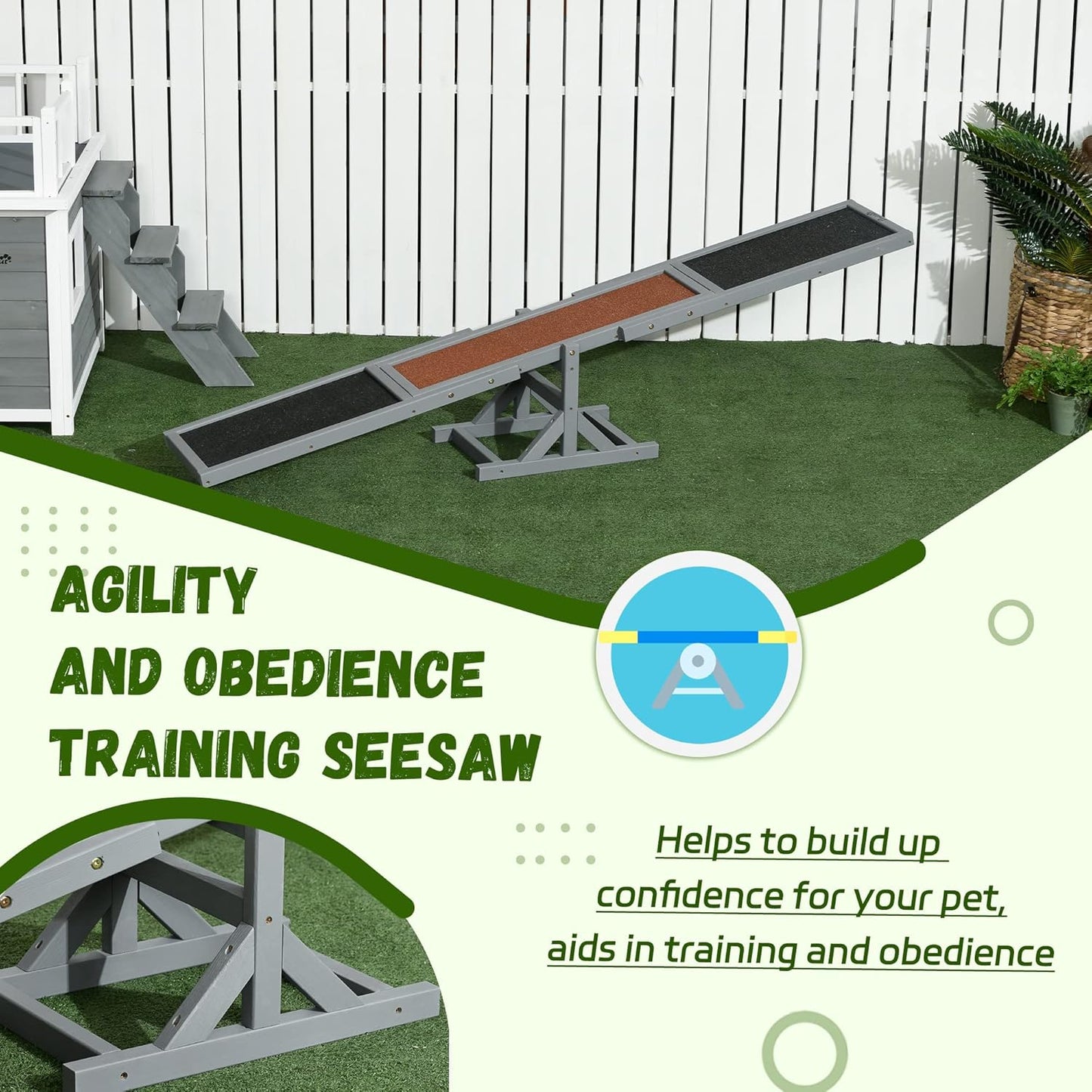 PawHut Wooden Dog Agility Seesaw for Training and Exercise, Platform Equipment Run Game Toy, Weather Resistant Pet Supplies, 71" L x 12" W x 12" H, Gray