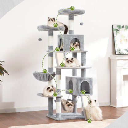 Cat Tree for Indoor Cats, 71'' (180cm) Multi-Level Cat Tower for Large Adult, Sturdy Cat Tree House with 2 Scratching Boards 7 Posts, 2 Plush Perches/Condos, Hammock, Light Gray GCT032W