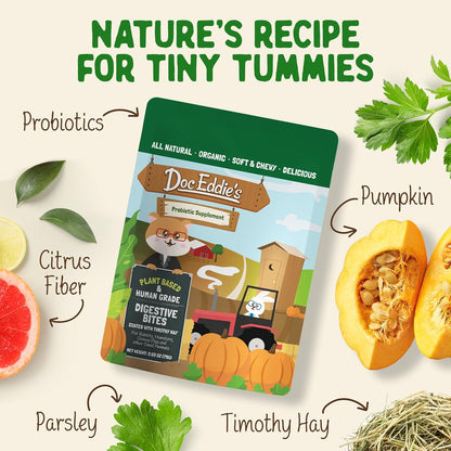 DOC EDDIE'S Digestive Bites - Plant-Based Small Animal Treats for Rabbits, Guinea Pigs, Hamsters, Gerbils, and More - Probiotics Supplement Made with Timothy Hay, Real Fruits, and Veggies