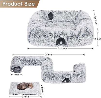 Extra Large Cat Tunnel Bed, 4 Ways Tunnels for Indoor Cats, Multi-cat Family Peekaboo Cave & Cat Bed, Plush Cat Donut with Washable Middle Mat, Exit Balls, Pet Play Toy for Kitten Puppy Rabbit