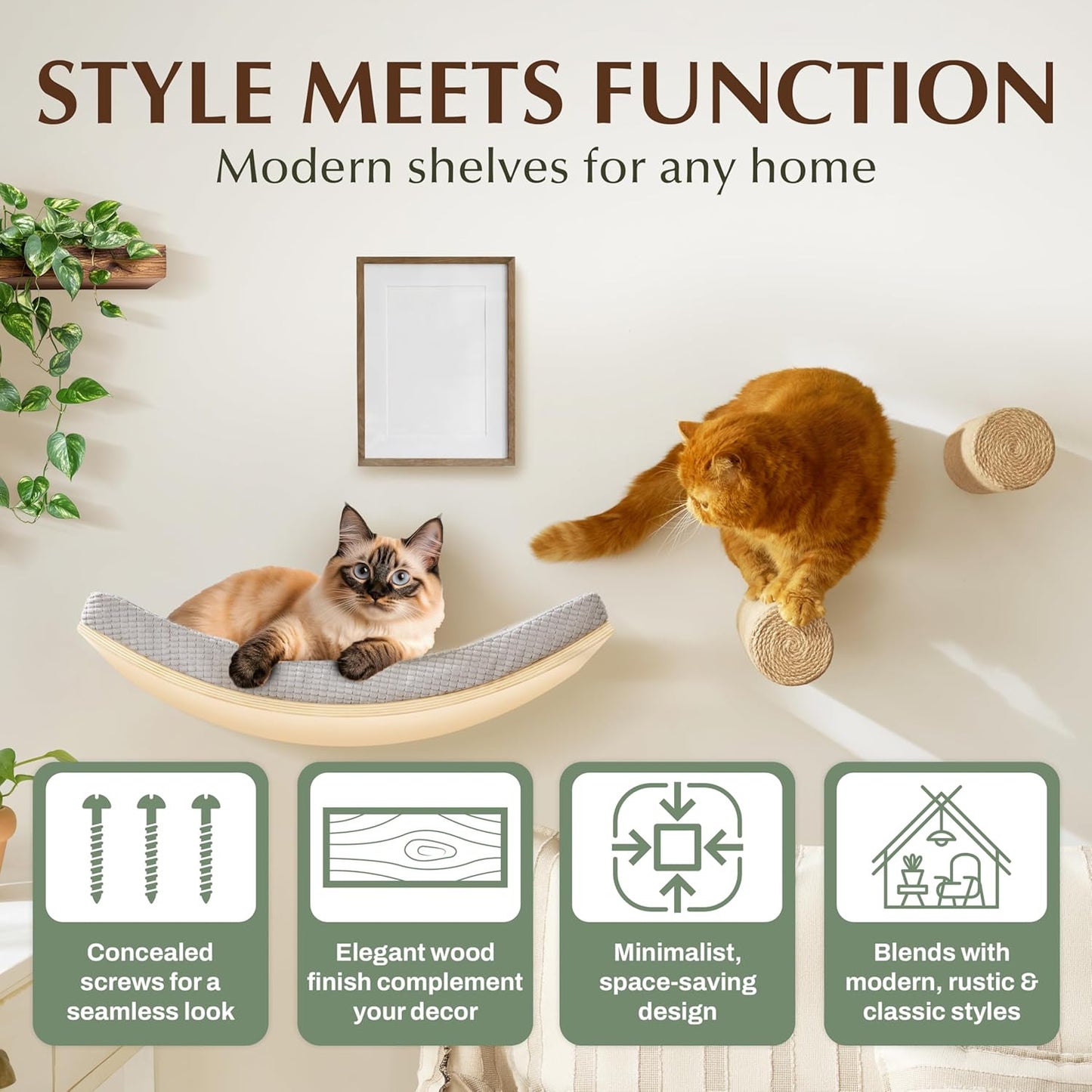 Extra Large 23.6”×14.6” CALLICO HAVEN- Stylish Cat Wall Shelves with Curved Design, Modern Wall-Mounted Cat Tree Hammock with Soft Cushion, Sturdy/Hidden Mounts, Washable Cover, Sleek Design -C Shape