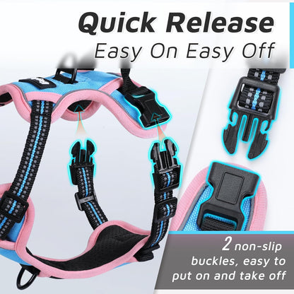 Eagloo Dog Harness for Large Dogs, No Pull Service Vest with Reflective Strips and Control Handle, Adjustable and Comfortable for Walking, No Choke Pet Harness with 2 Metal Rings, Pink & Blue, XL