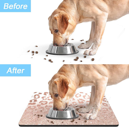 Rnivvi Dog Food Mat, 16" x 24" Leopard Absorbent Dog Cat Bowl Mat for Food and Water, Cute Anti-Slip Rubber Pet Feeding Rug Protect Floors, Puppy Placemat for Feeding & Watering Supplies, Rose