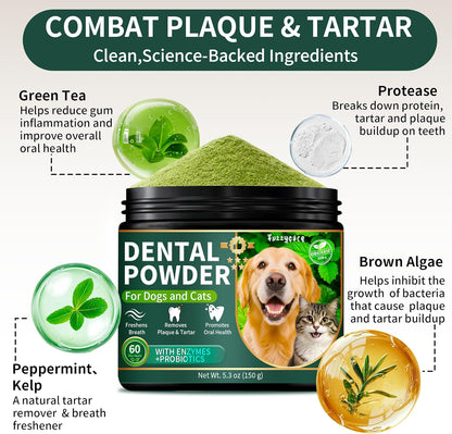 Dog Dental Powder, Dog Teeth Cleaning Powder with Natural Herbal Blend & Postbiotics, Dog Teeth Cleaning, Targets Tartar & Reduces Plaque & Bad Breath for Dogs & Cats, Mint -150Grams