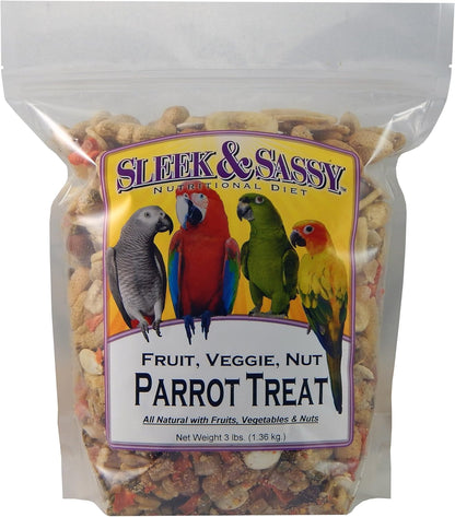 SLEEK & SASSY Fruit, Veggie, Nut Parrot Treat Perfect for Large Conures, Amazons, African Greys, Cockatoos, Pionus-Parrots & Macaws (3 lbs.)