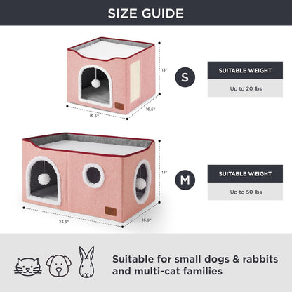 Bedsure Large Cat Beds for Indoor Cats - Extra Wide Cat Cube House for Small Pet with Fluffy Ball Hanging and Scratch Pad, Foldable Pet Cave Hideaway for Multiple Cats, 23.6x16.9x13 inches,Pink
