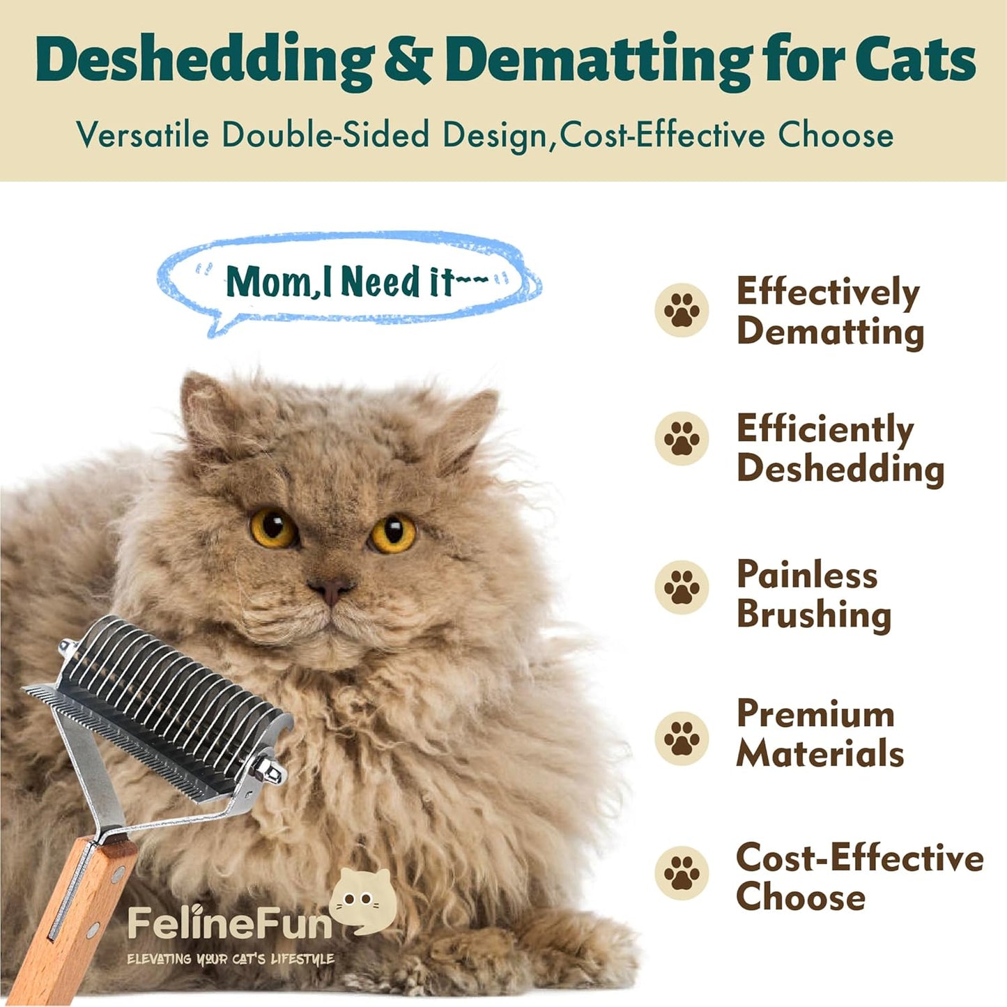 FelineFun Cat Brush for Dematting & Deshedding, 2 in 1 Undercoat Rake, Efficiently Remove Loose Hair & Matted Fur, Professional Shedding Comb for Indoor Cats & Long Haired Cats