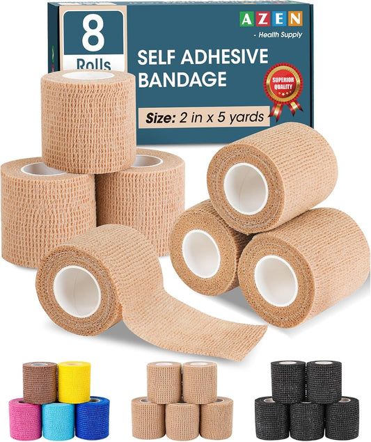 AZEN 8 Pack Self Adhesive Bandage Wrap, 2" X 5 Yards Elastic Cohesive Bandage Wrap, Skin Color Athletic Tape, Vet Wrap, Ankle Tape, Tattoo Grip Tape Wrap