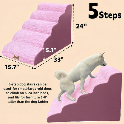 Dog Stairs & Pet Ramp for Small/Large Dogs to High Beds/Couches - 5 Steps 24-inch Height for 18-30 inch Furniture, 2 Washable Covers (Pink, Grey), Non-Slip Balanced 33D Design for Old Dogs & Cats