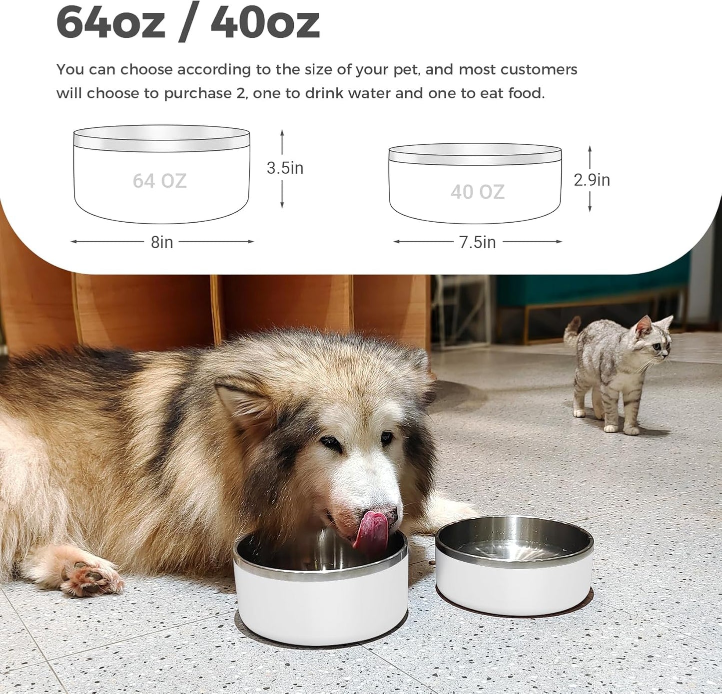 Dog Bowl, Stainless Steel Dog Food and Water Bowl with Non Slip Quiet Bottom, Easy to Clean, Dishwasher Safe, 40oz, White