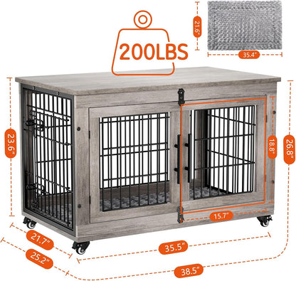 Lulive Dog Crate Furniture Set of 2, Dog Kennel Indoor Double Doors Wooden Dog Cage, 38'' Heavy Duty Dog Crate with Cushion & Wheels, End Table Pet House Chew-Resistant Up to 70 lb, Grey