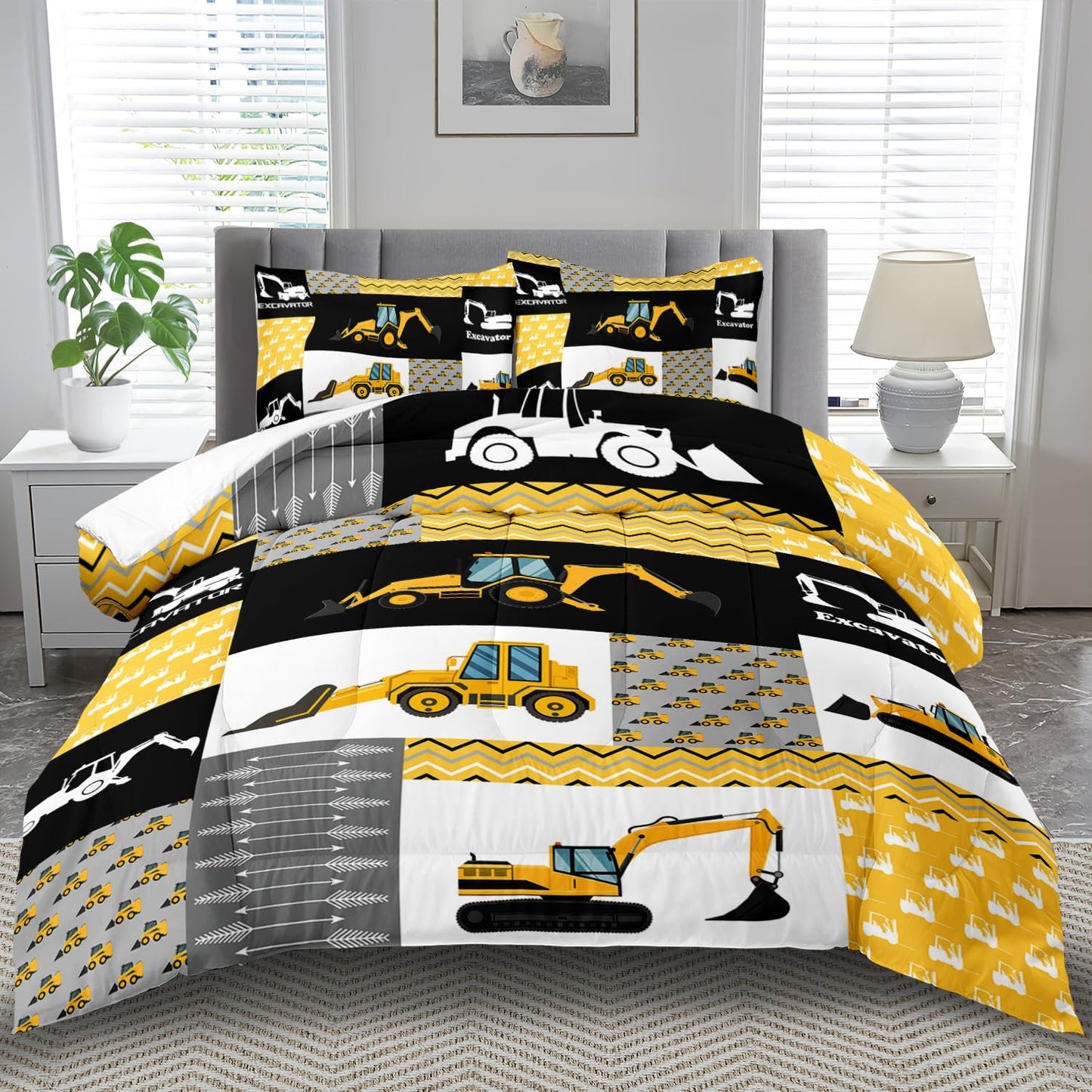 Construction Comforter Set King Boys,Yellow King Construction Bedding Set,Engineering Vehicles Comforter Yellow Bedroom Decor Kids,Truck Quilt Cartoon Truck Bedding for Teen