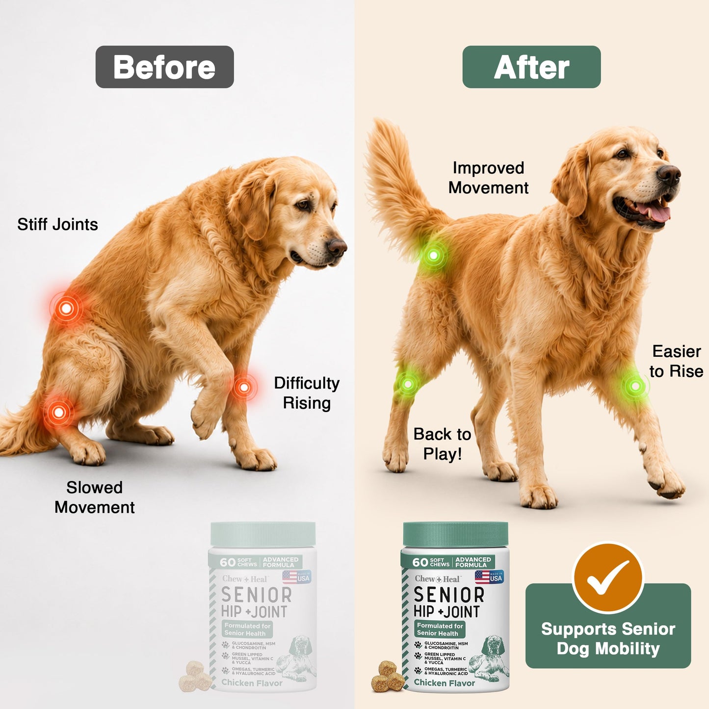 Glucosamine for Senior Dogs Hip and Joint Supplement. Chosen for real quality, fits naturally into