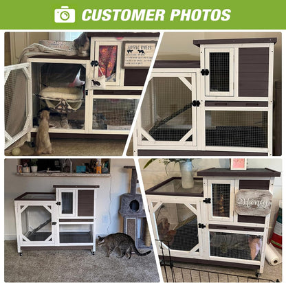 GUTINNEEN Rabbit Hutch Indoor Mobile Bunny Cage with Run Wooden 2 Story Guinea Pig Cage Outdoor for Small Animals with Wheels,Two Deeper No Leak Trays(Brown)