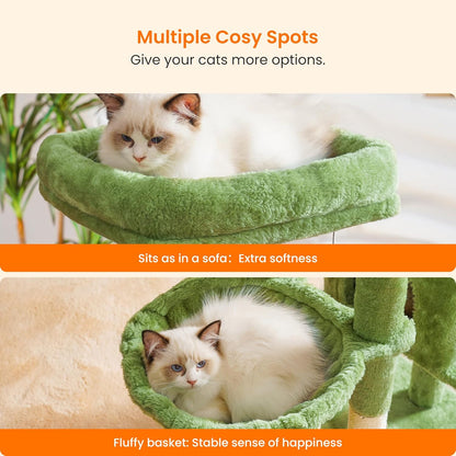 Heybly Cat Tree with Cat Self Groomer Brush, Cat Tower Condo for Indoor Cats with Padded Plush Perch, Cat House with Basket Scratching Board Post, Green HCT005SGR