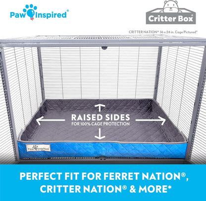 Paw Inspired Critter Box Washable Cage Liner, Reversible Fleece Bedding with Raised Sides for Ferrets, Guinea Pigs, Rats, Chinchillas, and Other Small Animals (Critter Nation/Ferret Nation, Gray/Blue)