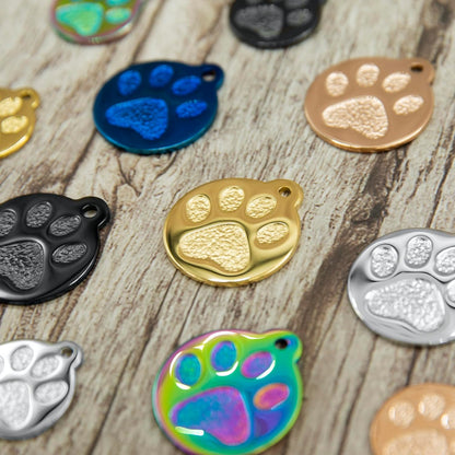 Engraved Pet Tag for Dogs and Cats - Personalized Front & Back up to 4 Lines of Text Custom Engraved ID, Round Paw Print Solid Plating Stainless Steel Silver Regular