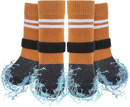 SCENEREAL Anti Slip Dog Boots & Paw Protectors for Hardwood Floor, Extended Dog Socks to Prevent Licking Paws, Waterproof Pet Snow Rain Shoe for Winter Large Senior Dogs, Khaki XL