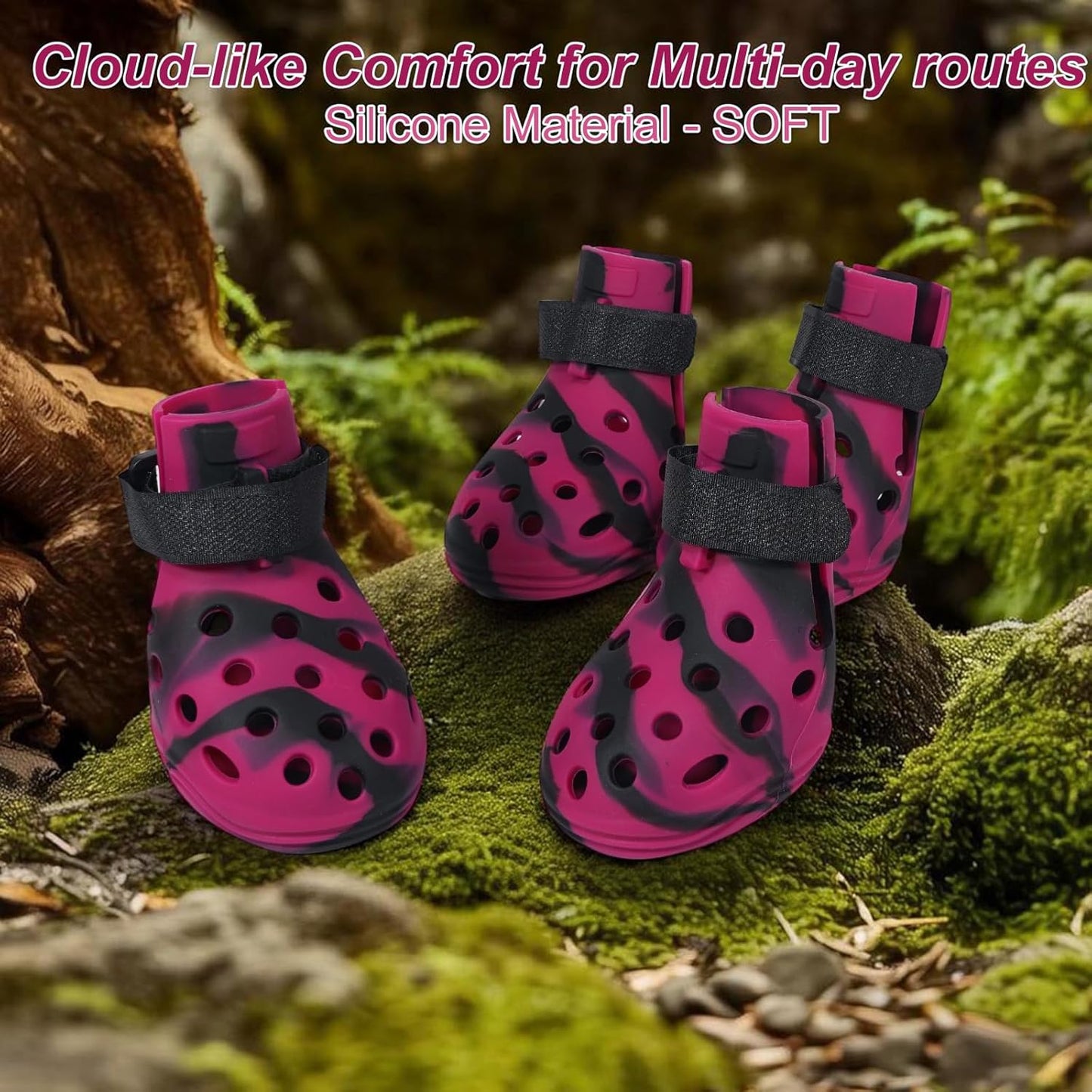 Dog Shoes for Hot Pavement and Snow, Silicone Dog Booties for Small Medium Large Dogs, Waterproof Paw Protectors- Non-Slip, Adjustable Straps, Dog Boots for Beach/Rain/Hiking (Black Pink, M)