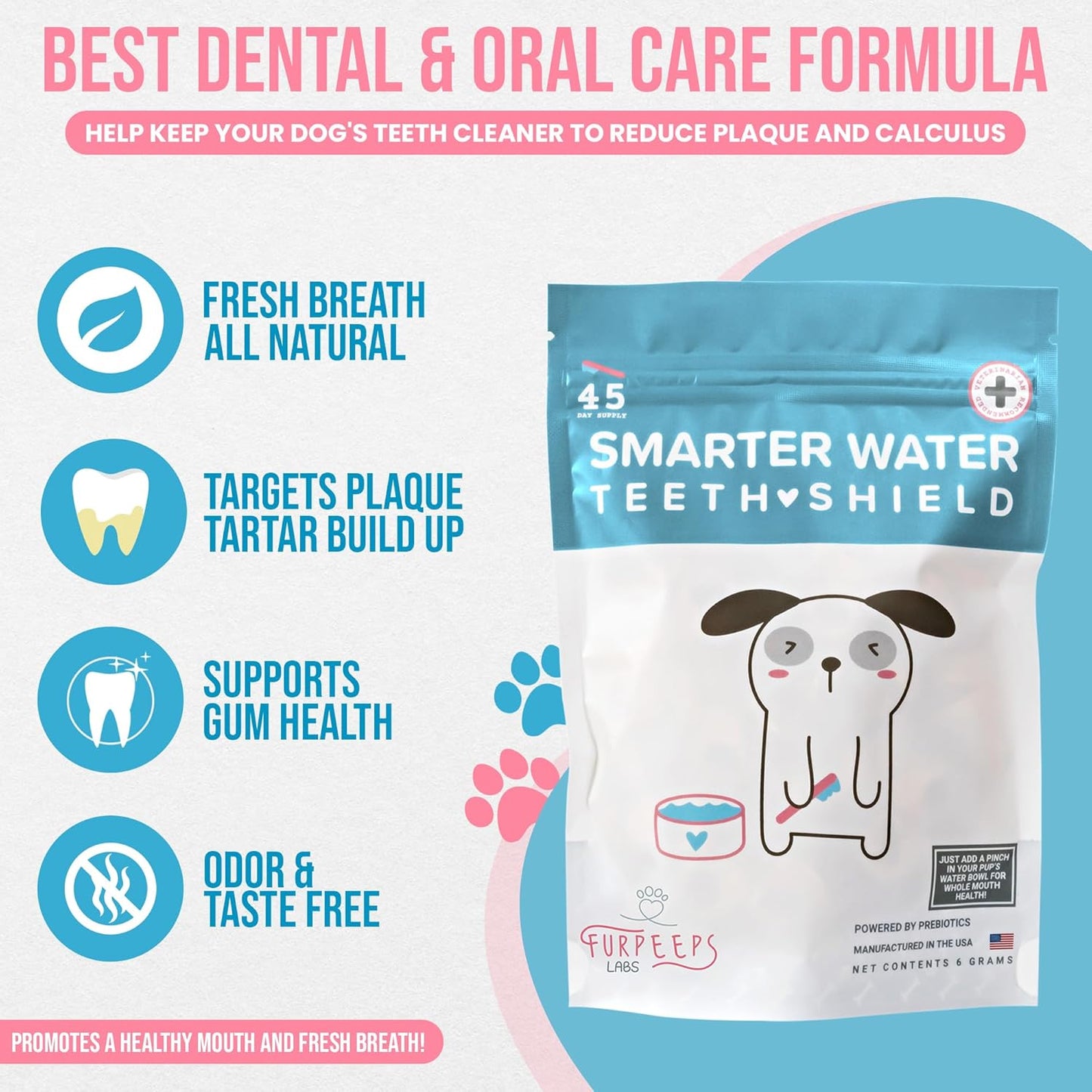 Dog Breath Freshener Powder for Water – Cat & Dog Dental Care Water Additive, Natural Plaque & Tartar Remover, Bad Breath Eliminator, Easy No-Brush Oral Hygiene – 45 Servings, Vet Recommended