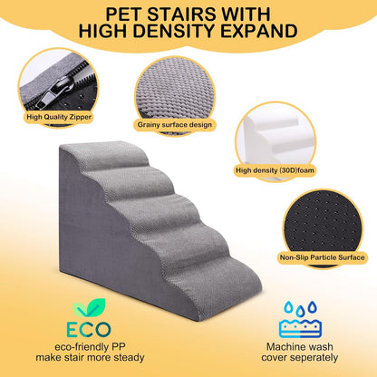 Dog Stairs for Bed and Couch, Non-Slip 5-Step Pet Stairs, 24" High Sofa Foam Dog Ramp - Best for Small Pets, Dogs and Cats with Joint Pain