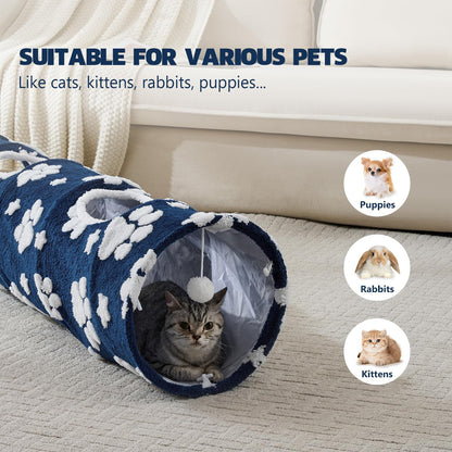Straight Cat Tunnel for Indoor Cats 47"x12", Cute Cat Toys Collapsible Tunnel Tube with Balls for Puppy Kitten Rabbit, Blue Paw