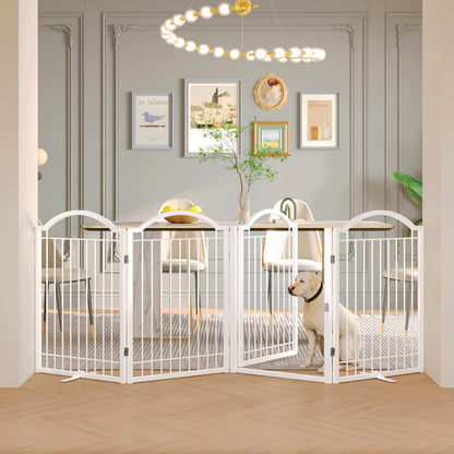 BHG Metal No-Assembly Freestanding Dog Gate with Door Walk Through, Extra Wide 96", Extra Tall 32" Pet Gate, Accordion Puppy Folding Playpen Dog Fence, with 2PCS Support (White, 4 Panels)