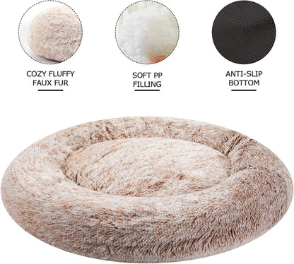 Bedfolks Calming Donut Dog Bed - 30" Round Plush for Medium Dogs, Anti-Anxiety, Machine Washable (Brown, Medium)