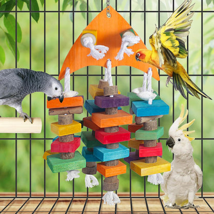 22.8" Natural Shell Parrot Toy for Medium & Large Birds (Sichuan Pepper Wood/Pine Wood/Poplar) with Stainless Steel Hook | Macaw Toys, African Grey Chew Toys