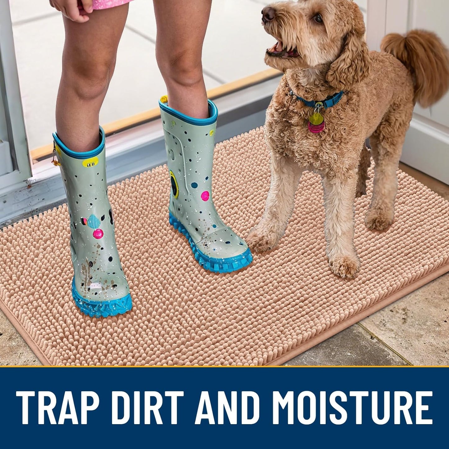 Smiry Dog Door Mat for Muddy Paws 30x20, Absorbs Moisture and Dirt Doormat, Non-Slip Washable Quick Dry Chenille Front Door Mat Indoor Entrance, Entryway Carpet for Inside Floor, Peach